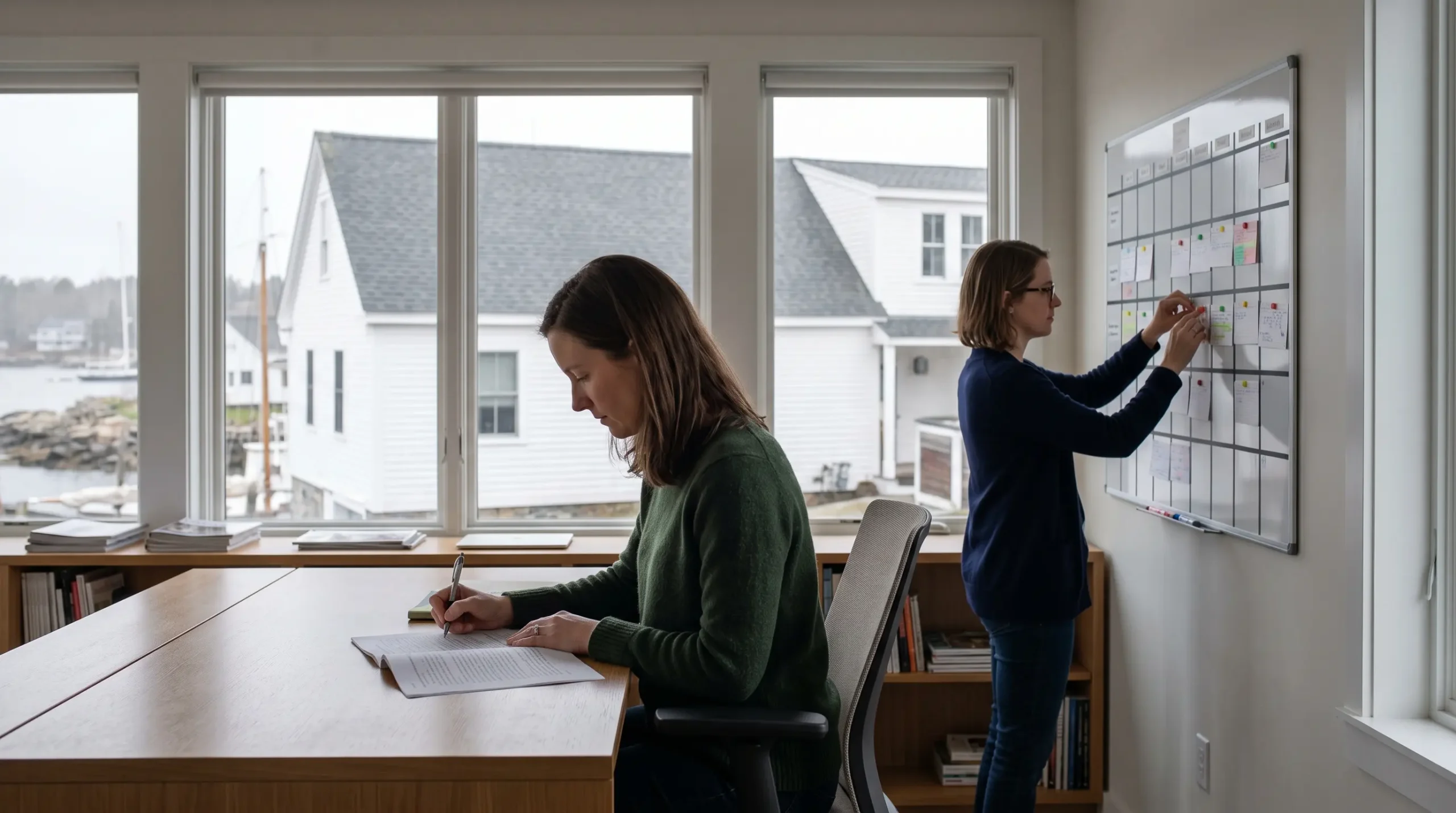 One woman writes at a desk while another updates a whiteboard calendar in a bright office with large windows.