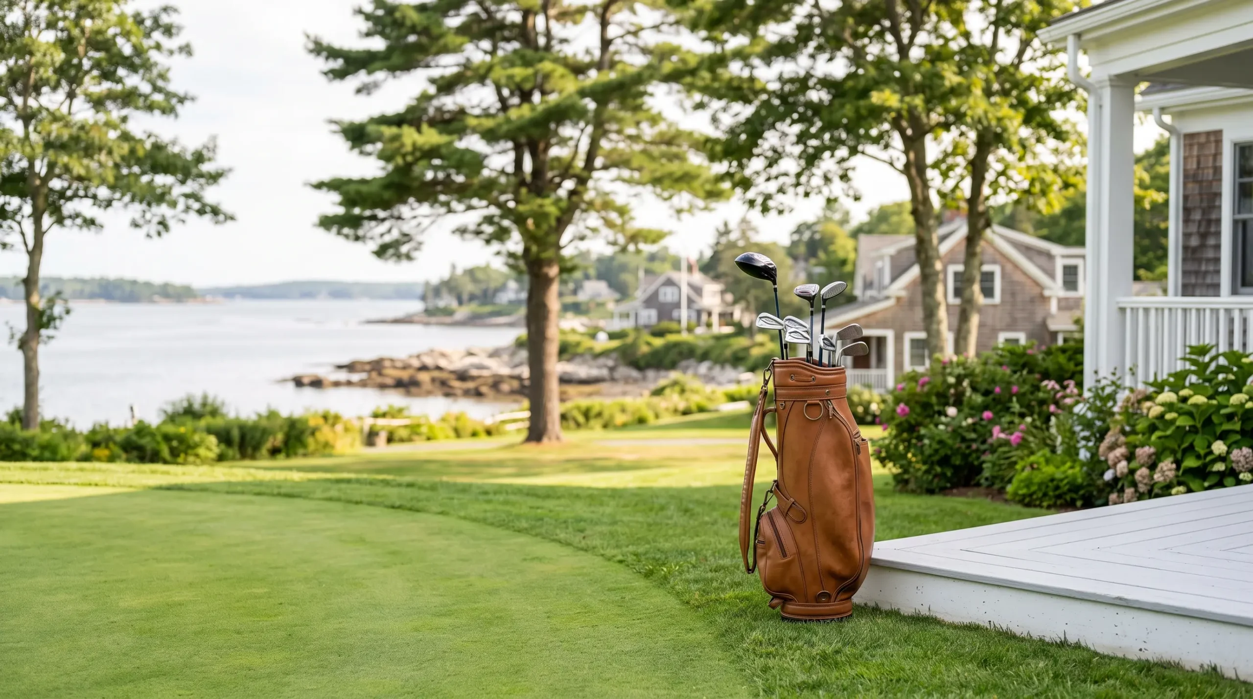 A brown leather golf bag filled with clubs sits on a lawn next to a white porch overlooking a coastal waterway.