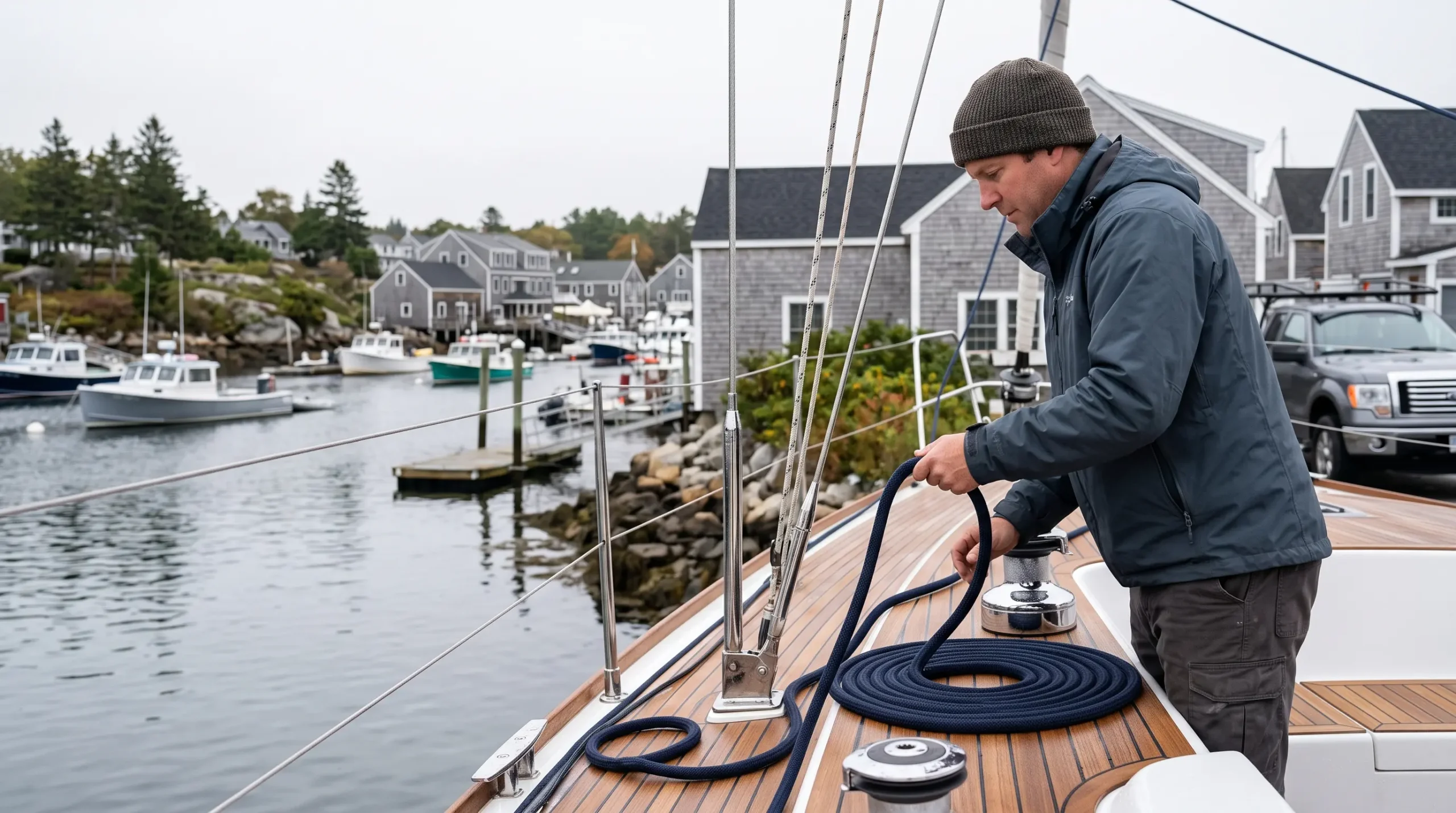 A man in a beanie and jacket coils rope on a boat deck in a harbor lined with coastal houses.