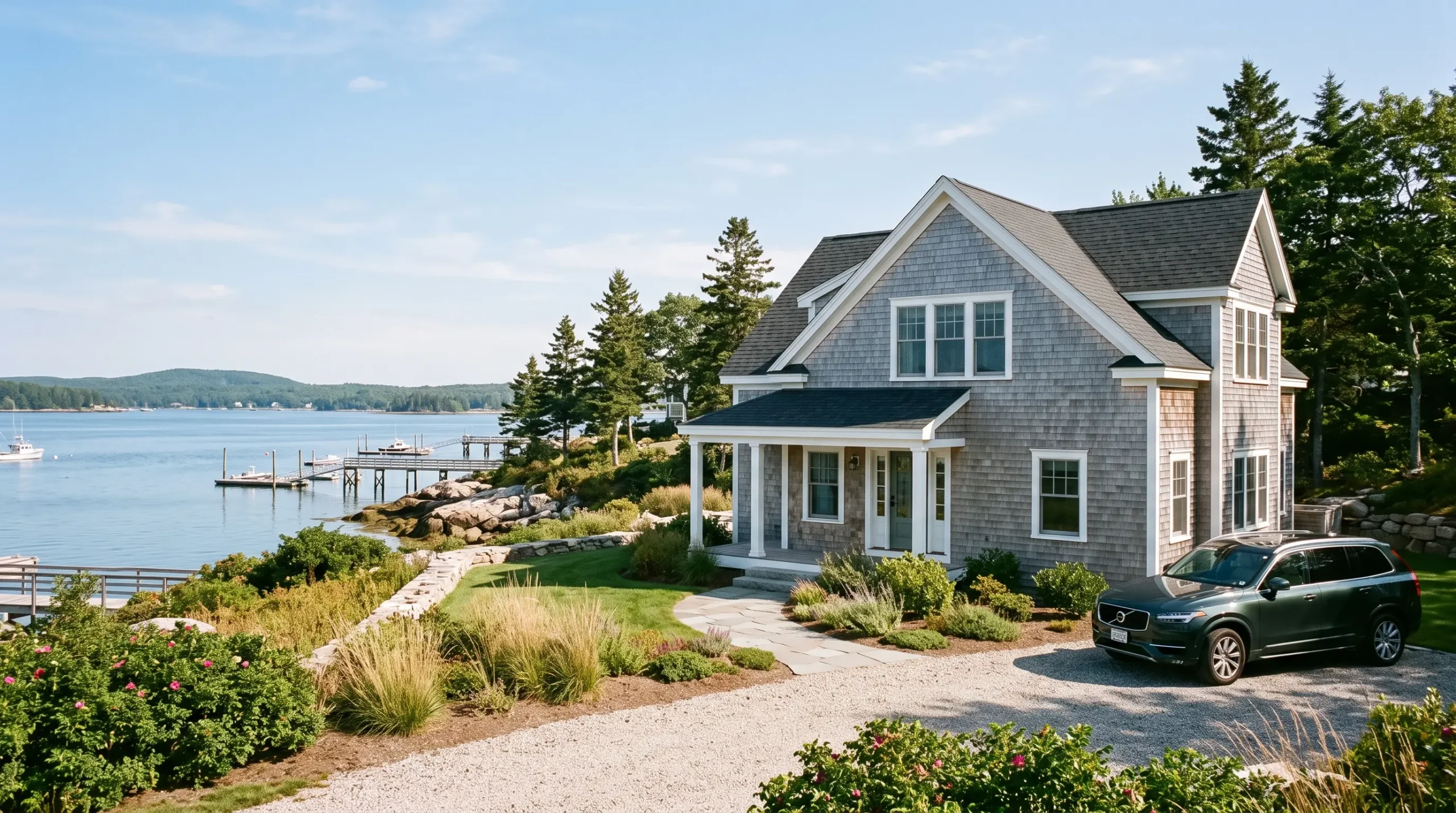 A grey shingle house with a porch sits beside calm water with a dark SUV parked on a gravel driveway.