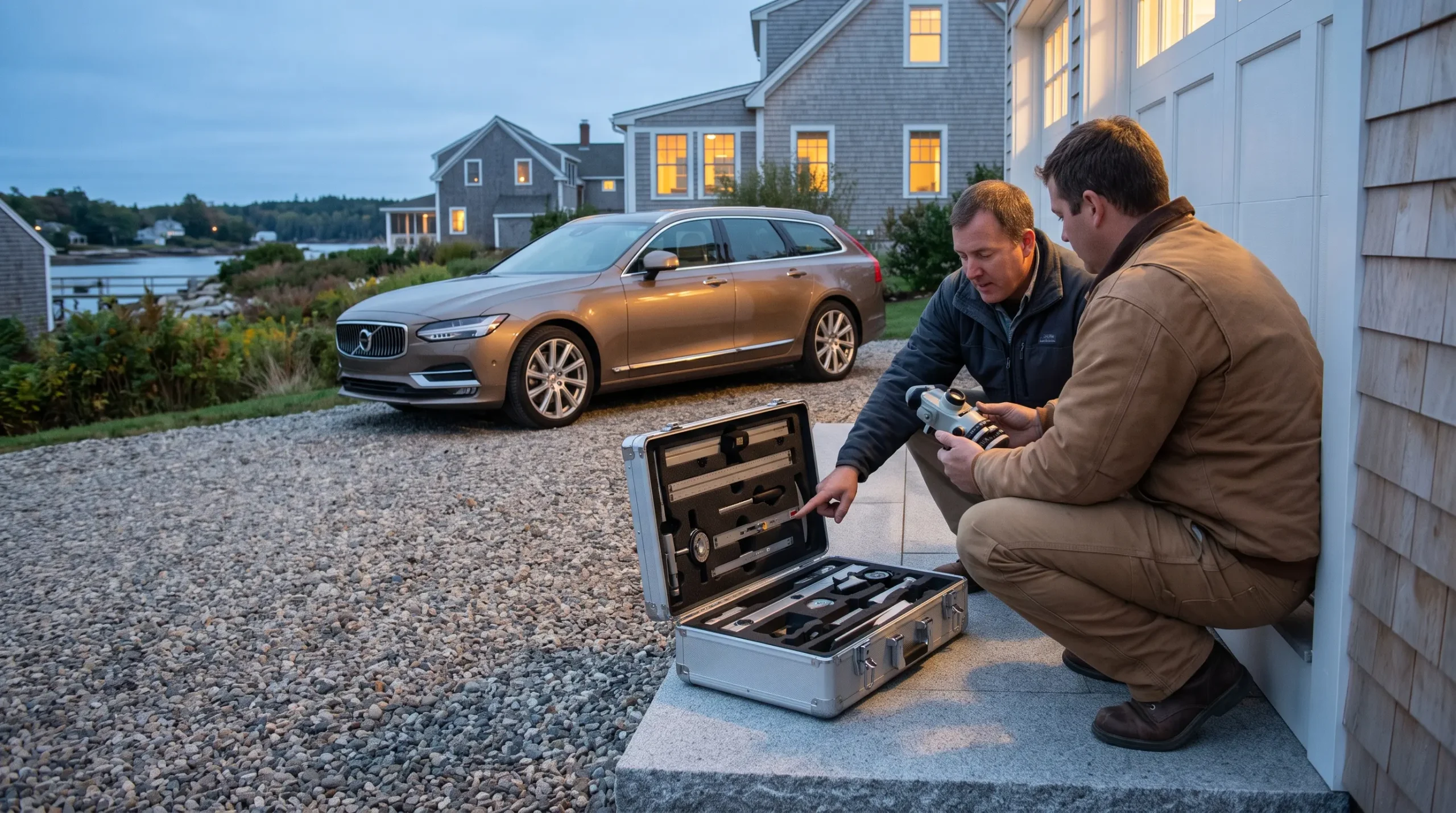 Two men crouch near an open tool case on a gravel driveway in front of a station wagon and coastal homes at dusk.